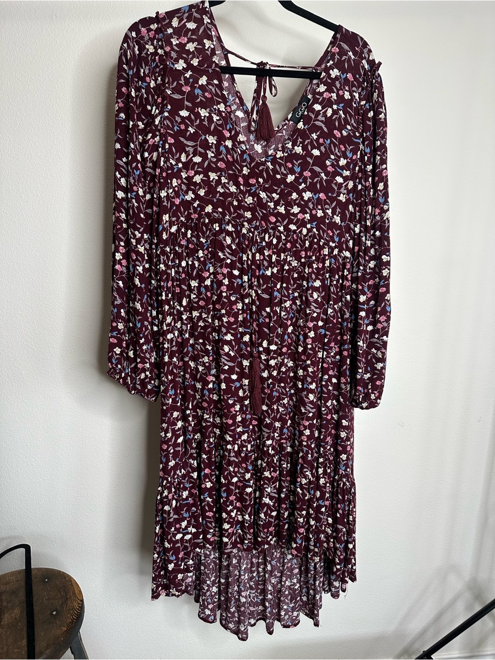 Women's High-Low Floral Dress - Burgundy
